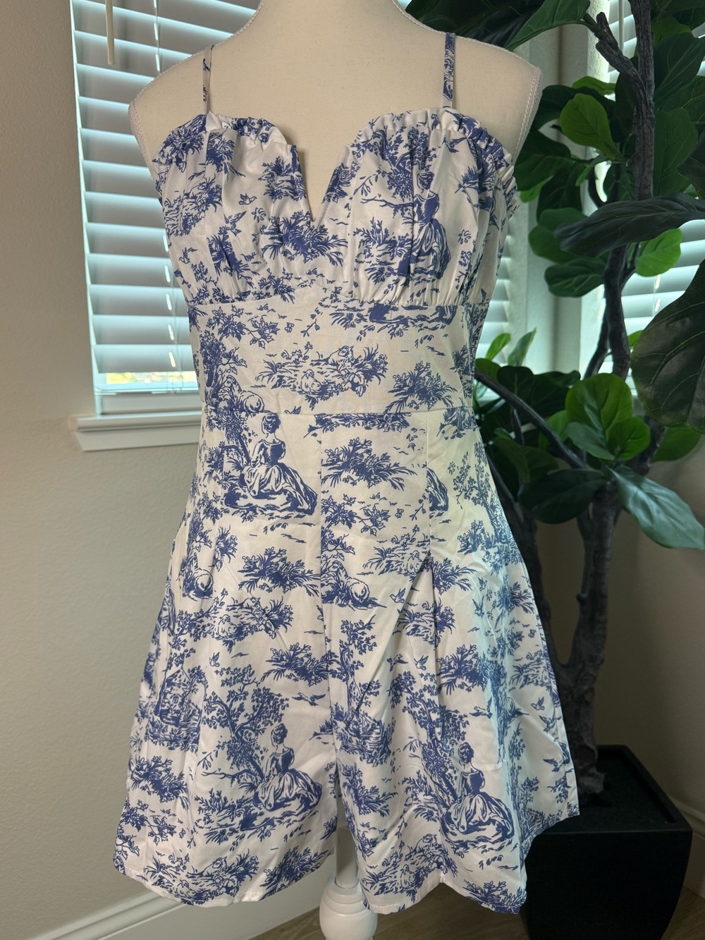 NWT Blue and White Toile Print Romper  runs small